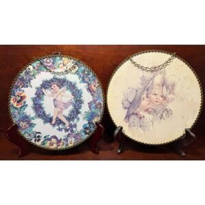 Set of 2 Vintage Flue Cover Wall Hangings Round 8.5" Diameter With Chain Hanger